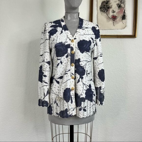 St John Scalloped Knit Perforated Floral Logo Button Cardigan
